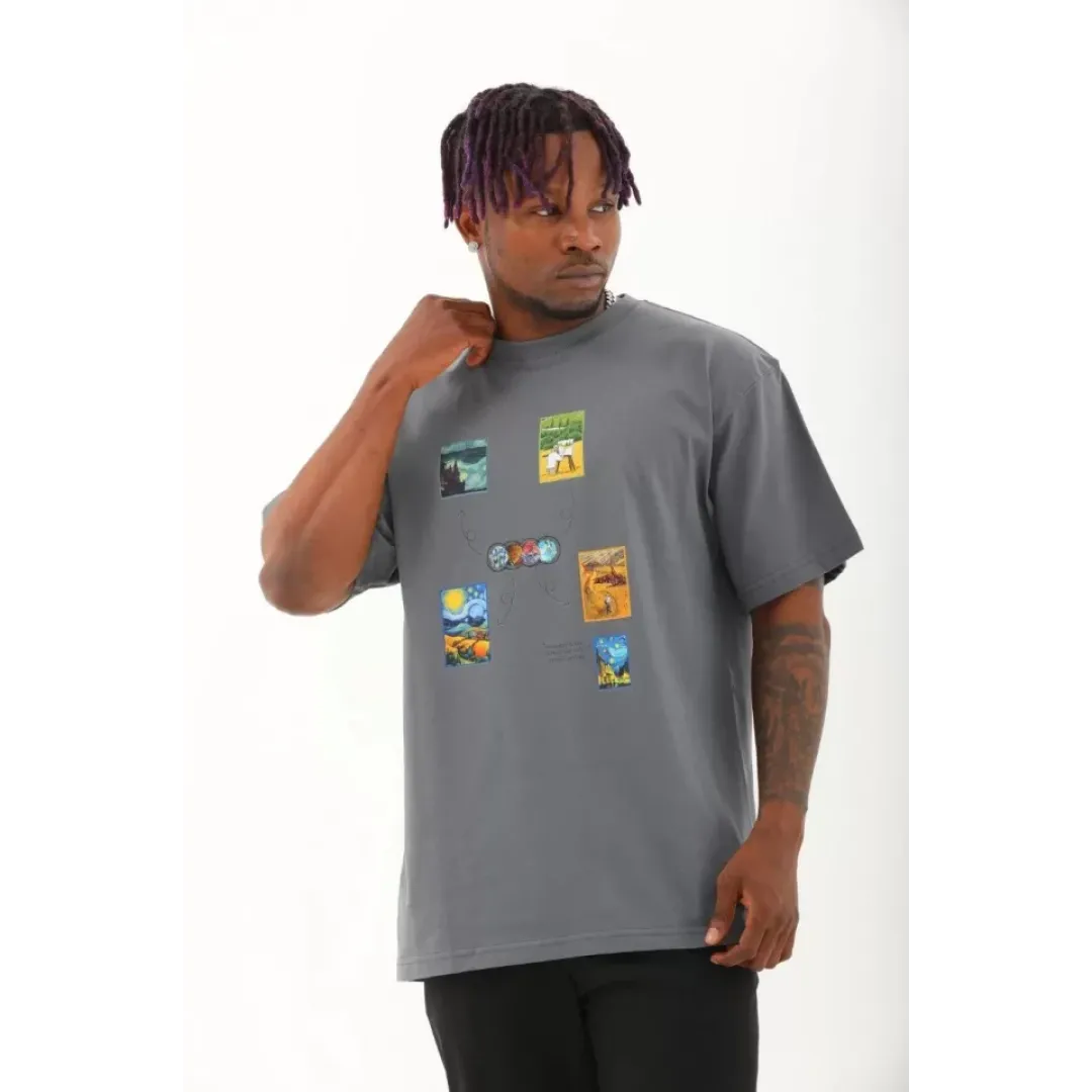 Unisex Oversize Baskılı Bisiklet Yaka T-Shirt - Füme - 93286 Unisex Oversize Baskılı Bisiklet Yaka T-Shirt - Füme - 93286