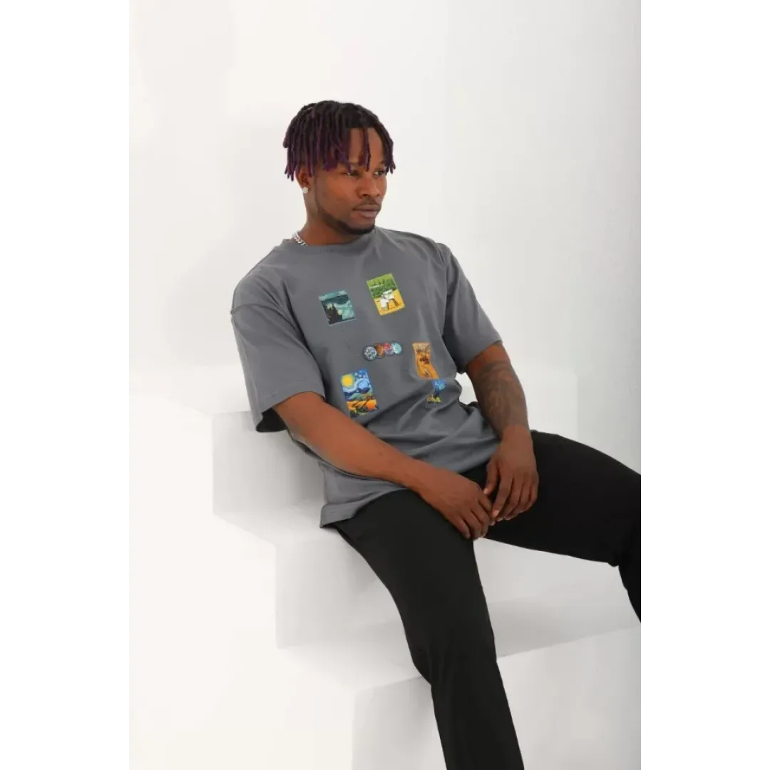 Unisex Oversize Baskılı Bisiklet Yaka T-Shirt - Füme - 93286 Unisex Oversize Baskılı Bisiklet Yaka T-Shirt - Füme - 93286