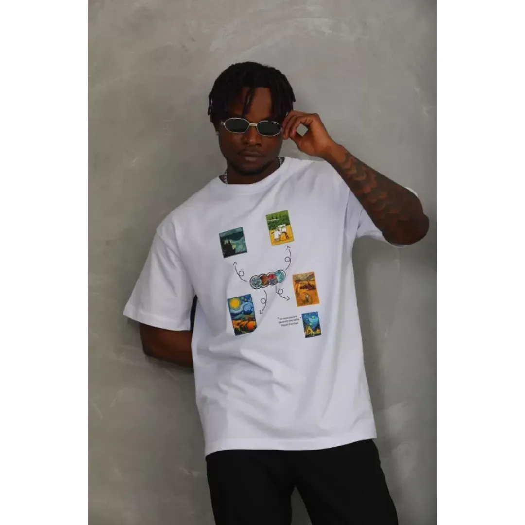 Unisex Oversize Baskılı Bisiklet Yaka T-Shirt - Beyaz - 93287