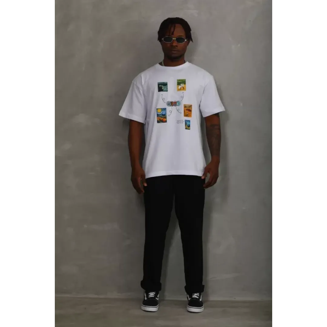 Unisex Oversize Baskılı Bisiklet Yaka T-Shirt - Beyaz - 93287