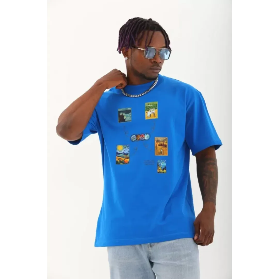 Unisex Oversize Baskılı Bisiklet Yaka T-Shirt - Mavi - 93288 Unisex Oversize Baskılı Bisiklet Yaka T-Shirt - Mavi - 93288