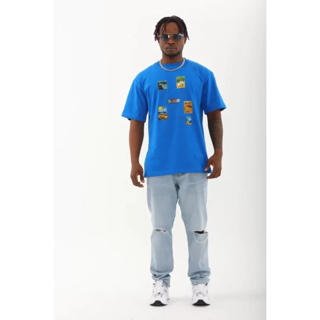 Unisex Oversize Baskılı Bisiklet Yaka T-Shirt - Mavi - 93288 Unisex Oversize Baskılı Bisiklet Yaka T-Shirt - Mavi - 93288