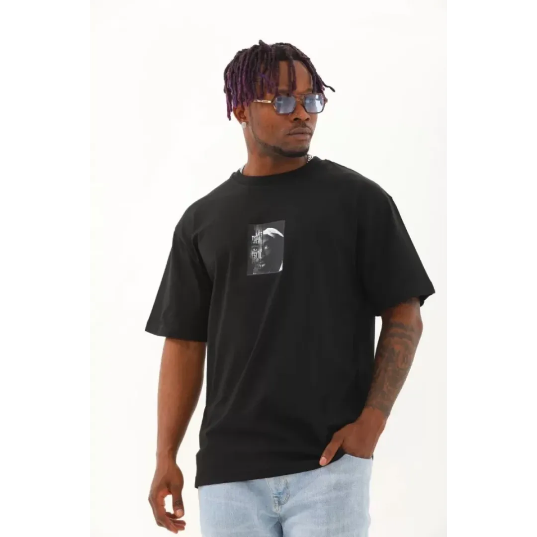 Unisex Oversize Baskılı Bisiklet Yaka T-Shirt - Siyah - 93289 Unisex Oversize Baskılı Bisiklet Yaka T-Shirt - Siyah - 93289