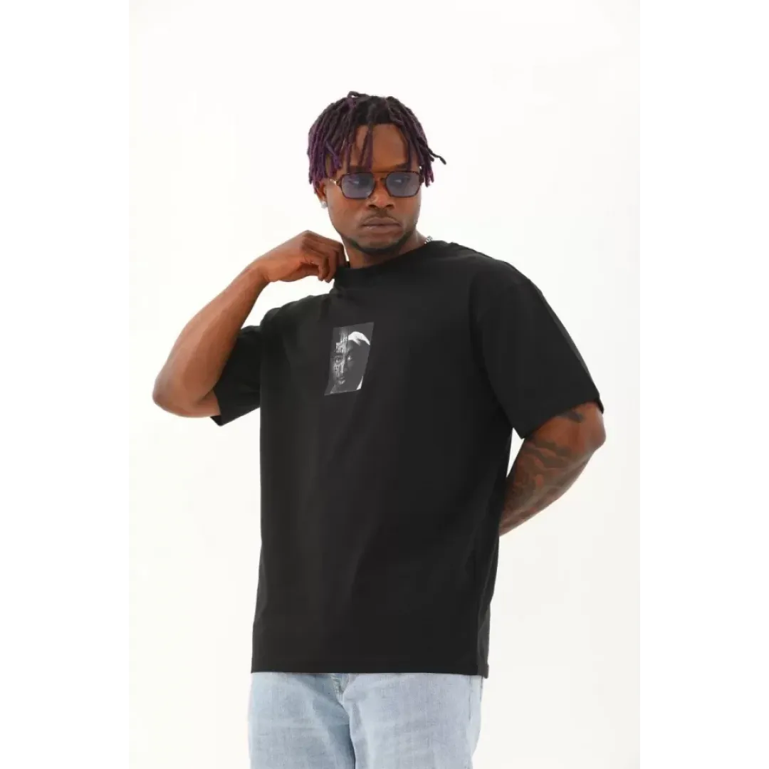 Unisex Oversize Baskılı Bisiklet Yaka T-Shirt - Siyah - 93289 Unisex Oversize Baskılı Bisiklet Yaka T-Shirt - Siyah - 93289