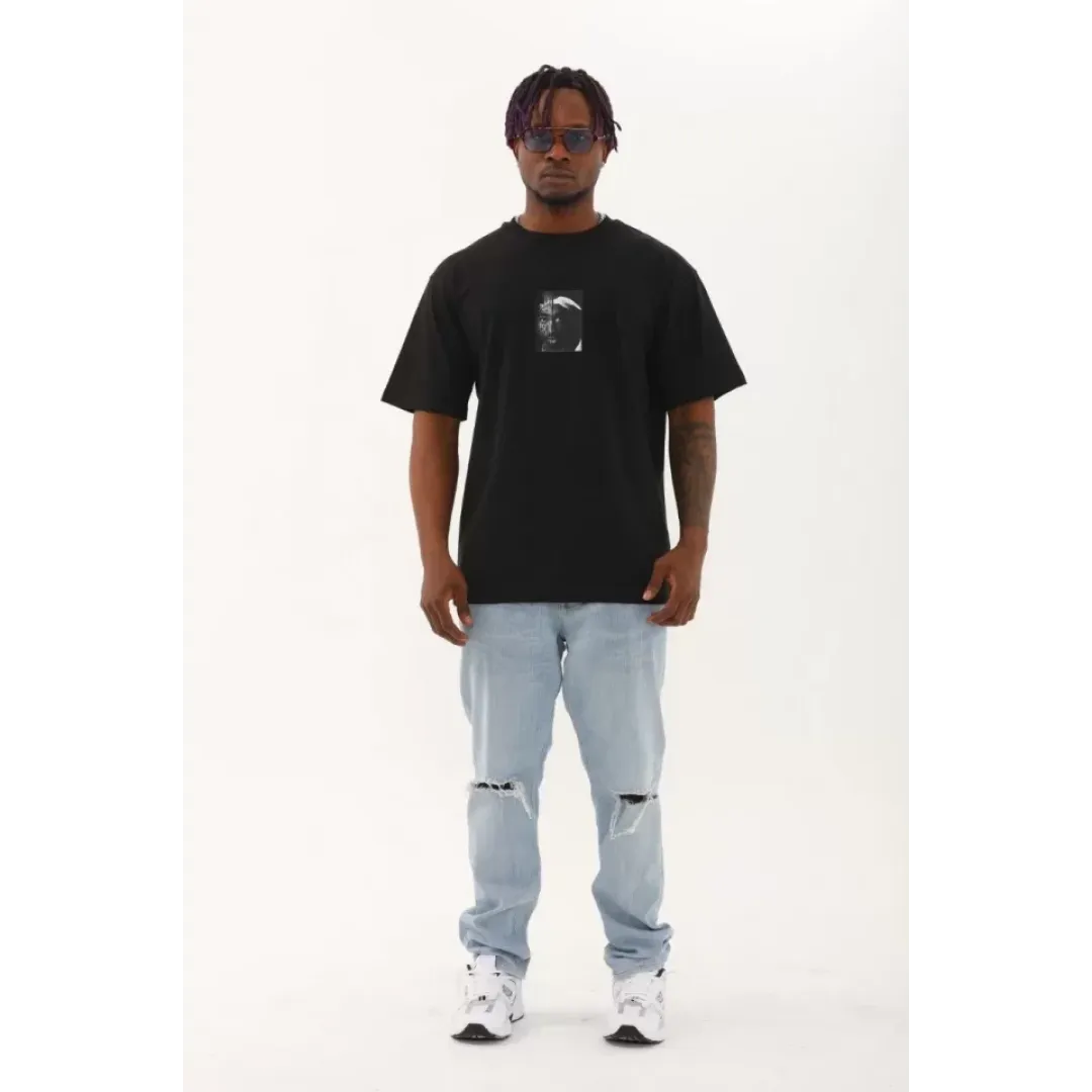 Unisex Oversize Baskılı Bisiklet Yaka T-Shirt - Siyah - 93289 Unisex Oversize Baskılı Bisiklet Yaka T-Shirt - Siyah - 93289