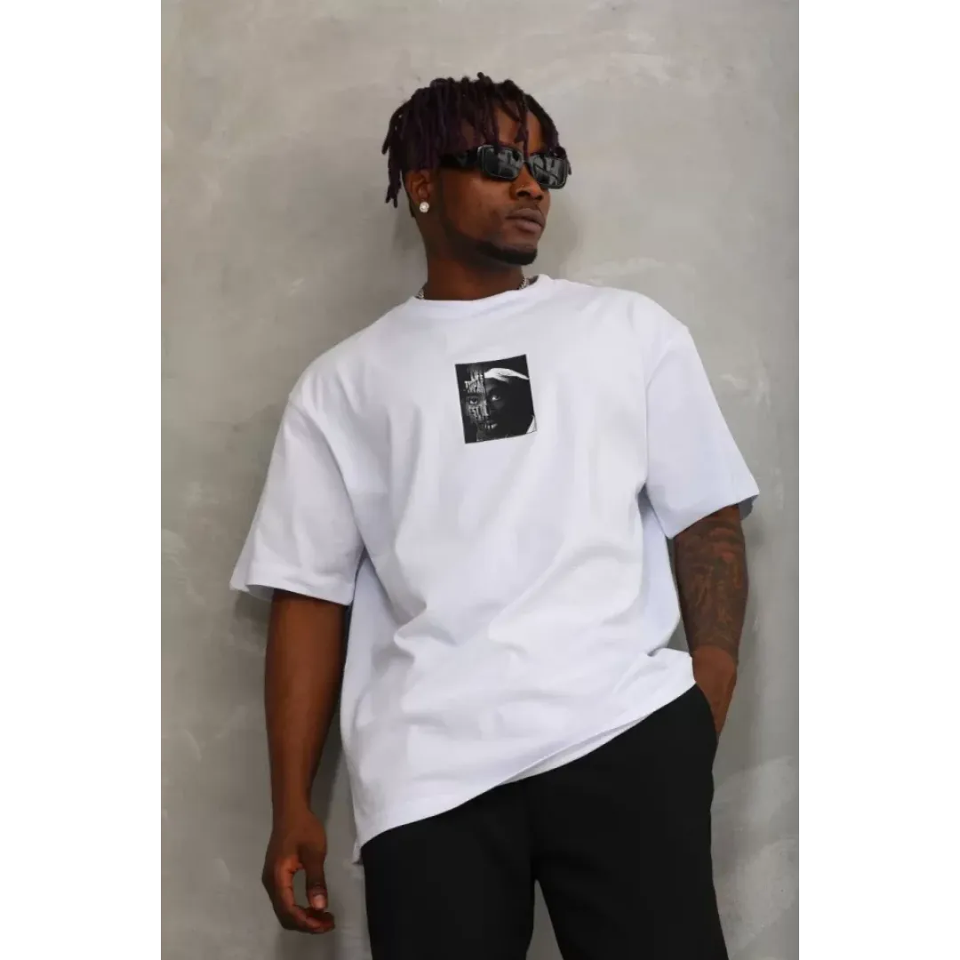 Unisex Oversize Baskılı Bisiklet Yaka T-Shirt - Beyaz - 93292 Unisex Oversize Baskılı Bisiklet Yaka T-Shirt - Beyaz - 93292