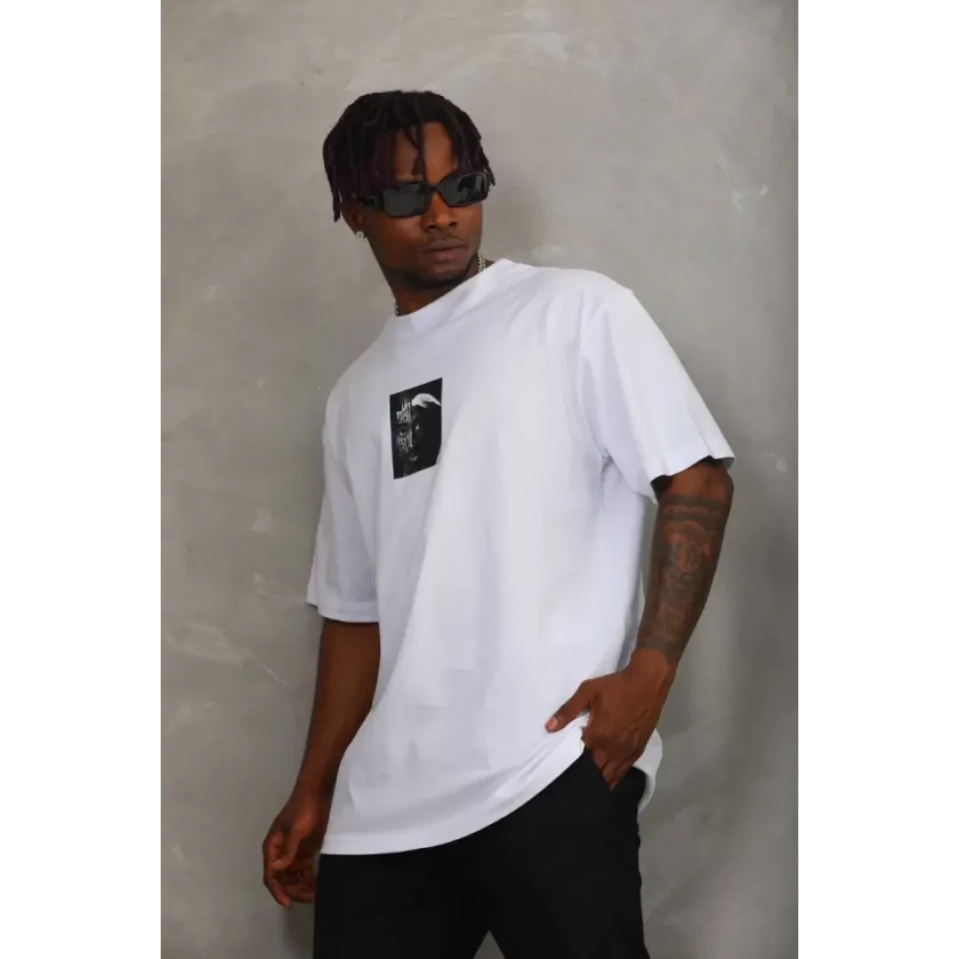 Unisex Oversize Baskılı Bisiklet Yaka T-Shirt - Beyaz - 93292 Unisex Oversize Baskılı Bisiklet Yaka T-Shirt - Beyaz - 93292