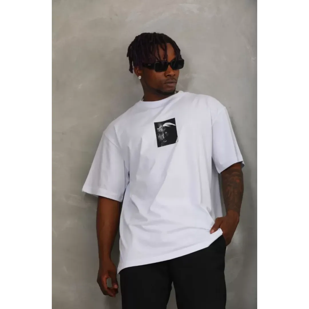 Unisex Oversize Baskılı Bisiklet Yaka T-Shirt - Beyaz - 93292 Unisex Oversize Baskılı Bisiklet Yaka T-Shirt - Beyaz - 93292