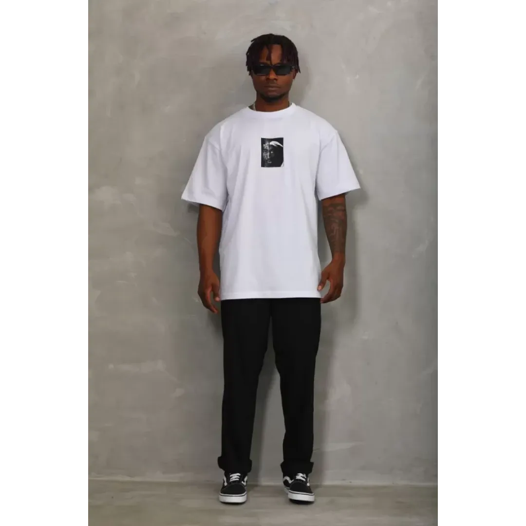 Unisex Oversize Baskılı Bisiklet Yaka T-Shirt - Beyaz - 93292 Unisex Oversize Baskılı Bisiklet Yaka T-Shirt - Beyaz - 93292