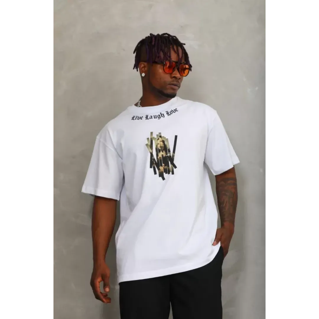 Unisex Oversize Baskılı Bisiklet Yaka T-Shirt - Beyaz - 93294