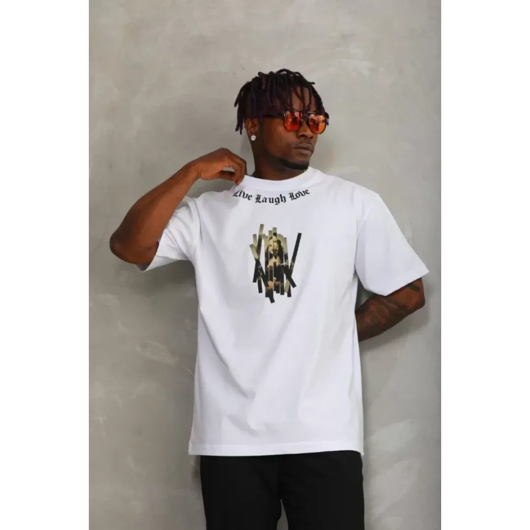 Unisex Oversize Baskılı Bisiklet Yaka T-Shirt - Beyaz - 93294