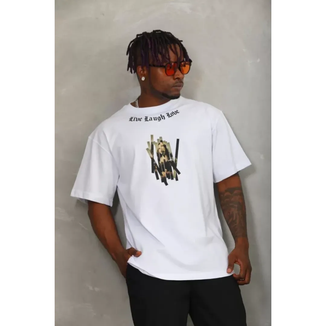 Unisex Oversize Baskılı Bisiklet Yaka T-Shirt - Beyaz - 93294