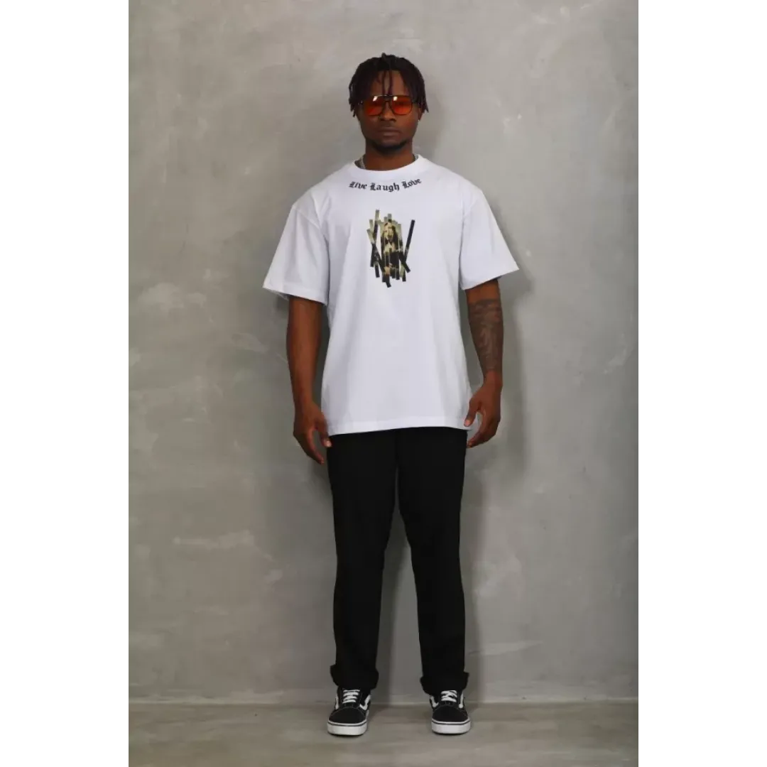 Unisex Oversize Baskılı Bisiklet Yaka T-Shirt - Beyaz - 93294