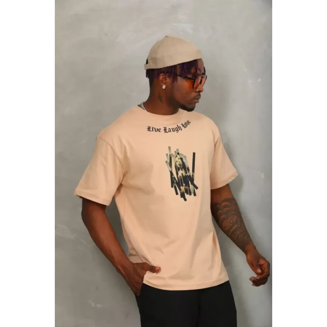 Unisex Oversize Baskılı Bisiklet Yaka T-Shirt - Bej - 93295 Unisex Oversize Baskılı Bisiklet Yaka T-Shirt - Bej - 93295