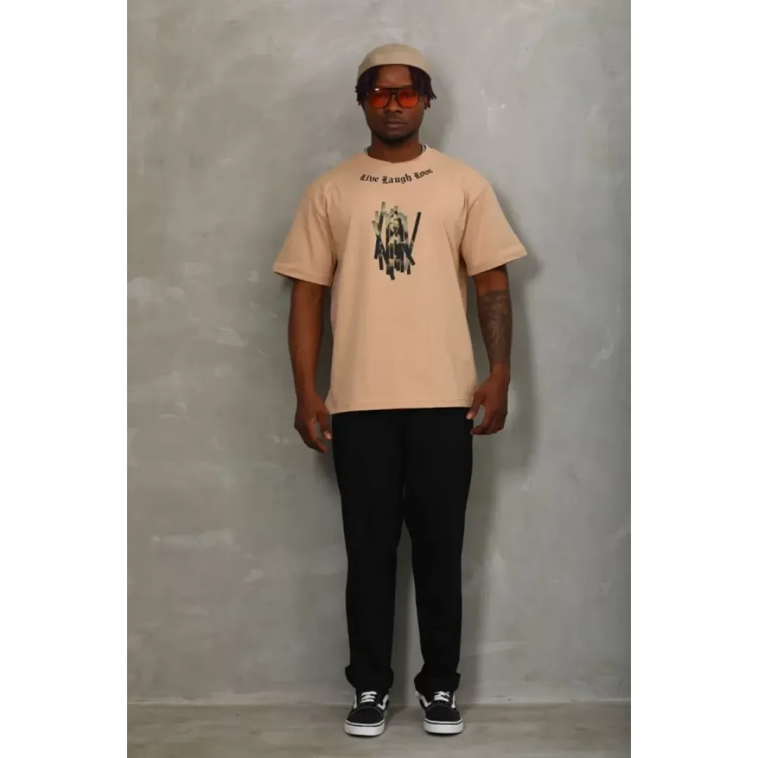 Unisex Oversize Baskılı Bisiklet Yaka T-Shirt - Bej - 93295 Unisex Oversize Baskılı Bisiklet Yaka T-Shirt - Bej - 93295