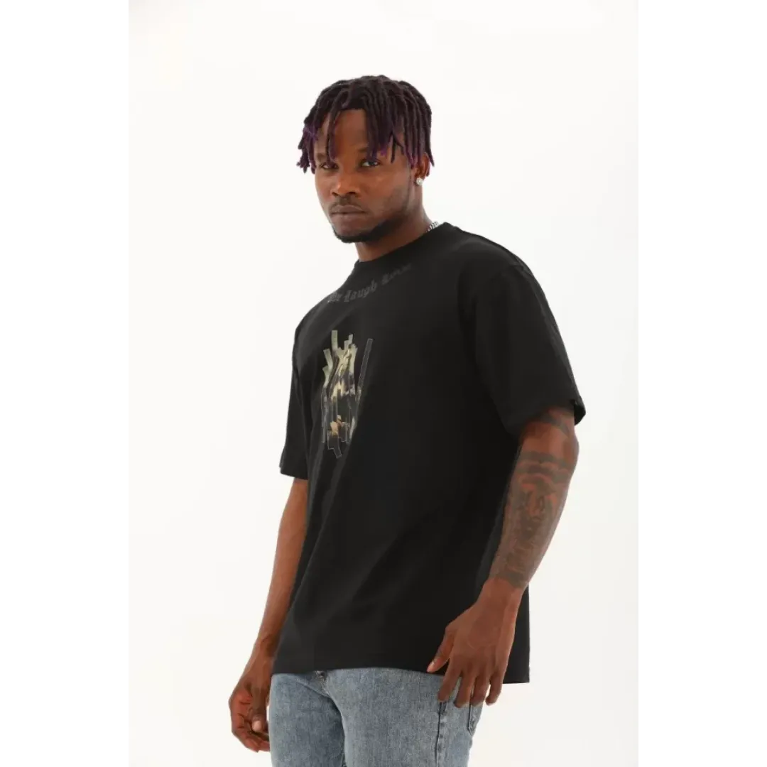 Unisex Oversize Baskılı Bisiklet Yaka T-Shirt - Siyah - 93296 Unisex Oversize Baskılı Bisiklet Yaka T-Shirt - Siyah - 93296