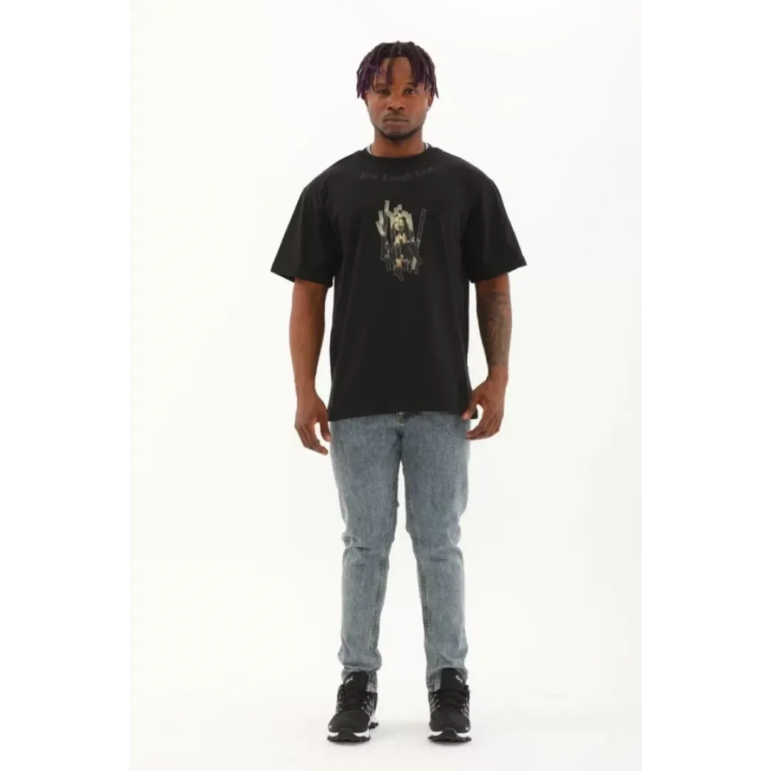 Unisex Oversize Baskılı Bisiklet Yaka T-Shirt - Siyah - 93296 Unisex Oversize Baskılı Bisiklet Yaka T-Shirt - Siyah - 93296
