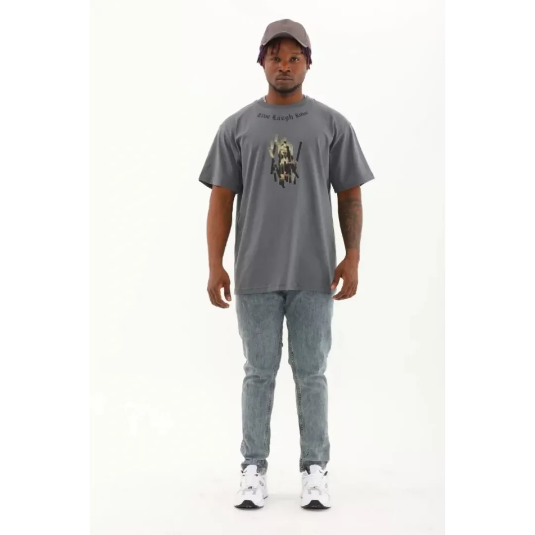 Unisex Oversize Baskılı Bisiklet Yaka T-Shirt - Füme - 93297