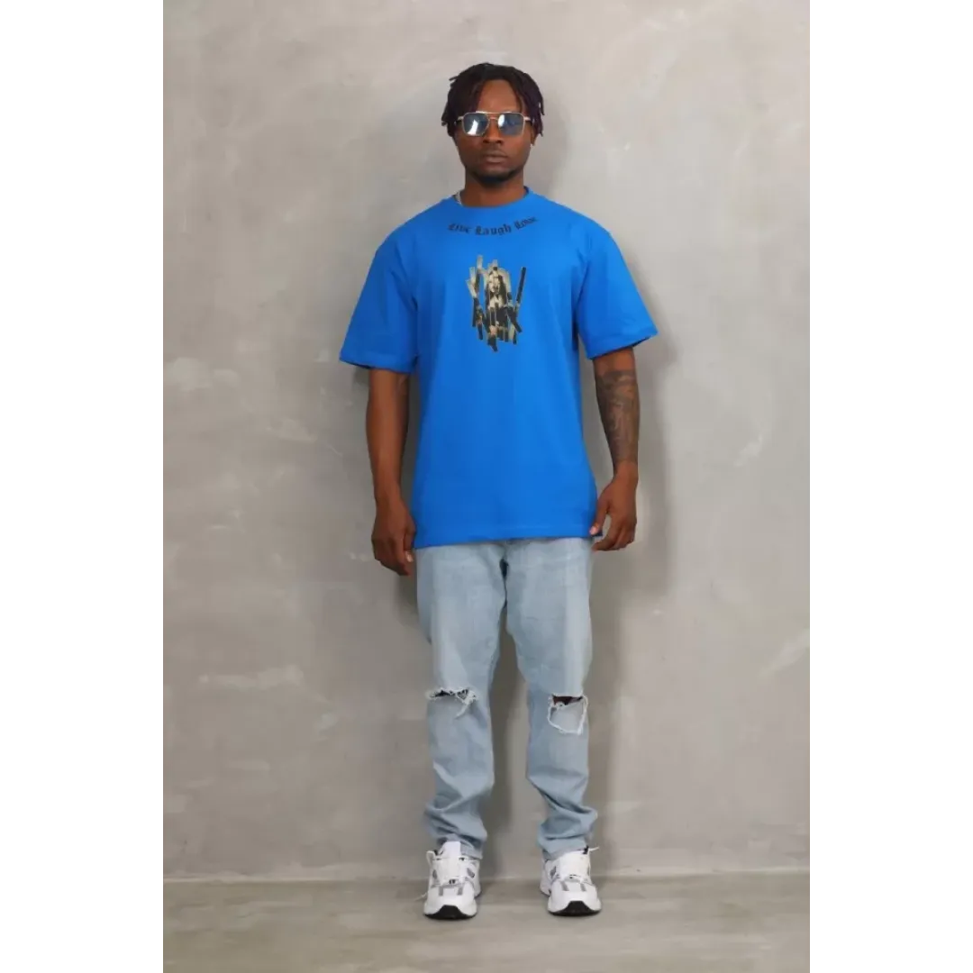 Unisex Oversize Baskılı Bisiklet Yaka T-Shirt - Mavi - 93298 Unisex Oversize Baskılı Bisiklet Yaka T-Shirt - Mavi - 93298