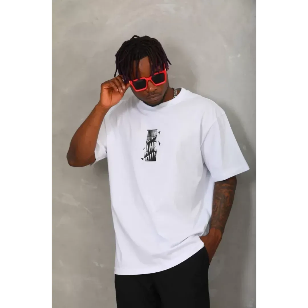 Unisex Oversize Baskılı Bisiklet Yaka T-Shirt - Beyaz - 93299