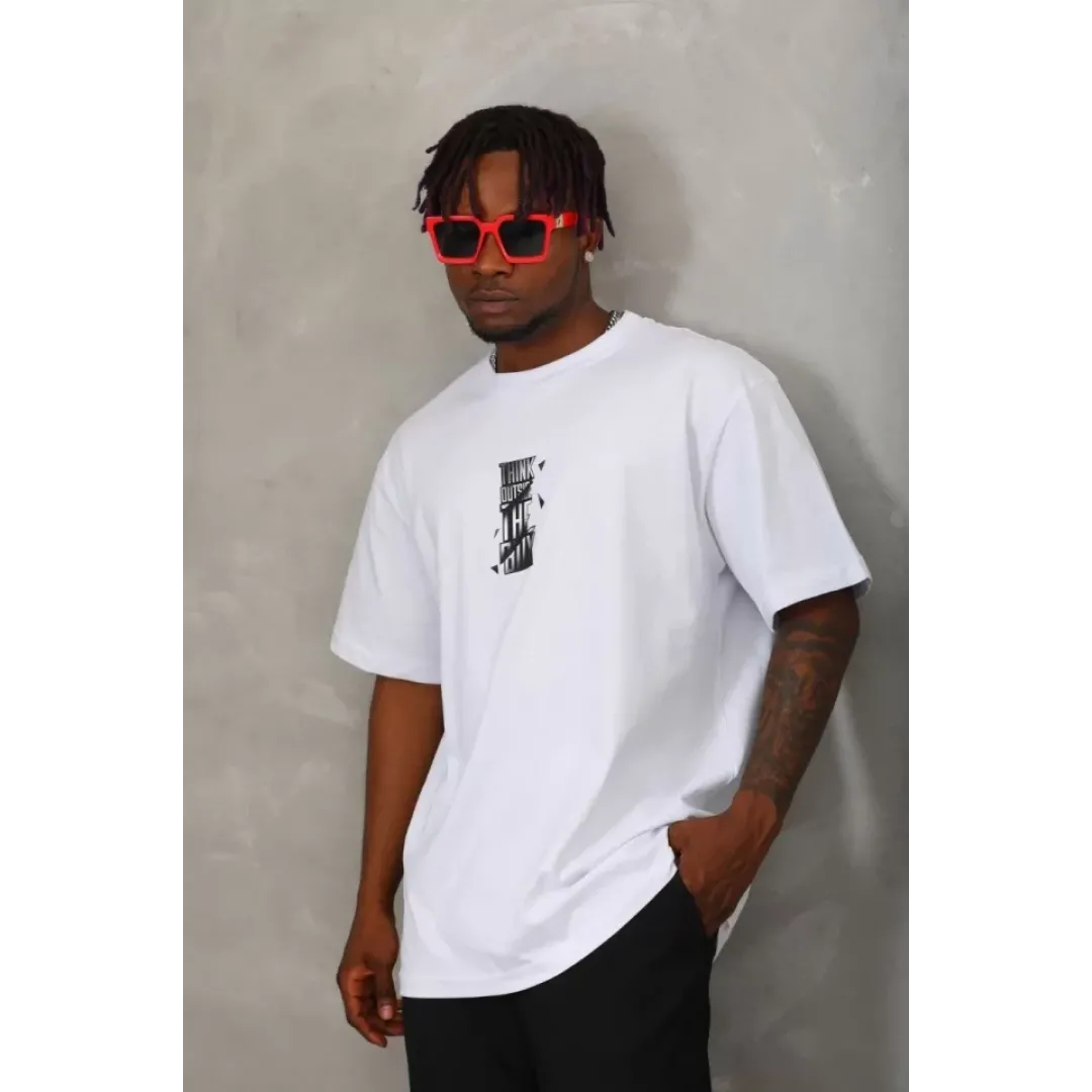 Unisex Oversize Baskılı Bisiklet Yaka T-Shirt - Beyaz - 93299