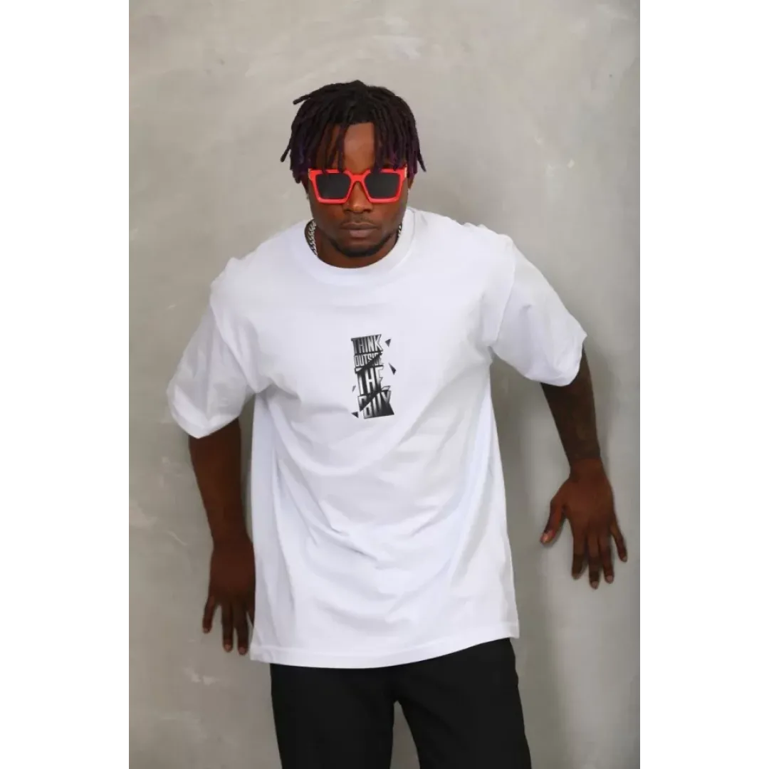 Unisex Oversize Baskılı Bisiklet Yaka T-Shirt - Beyaz - 93299