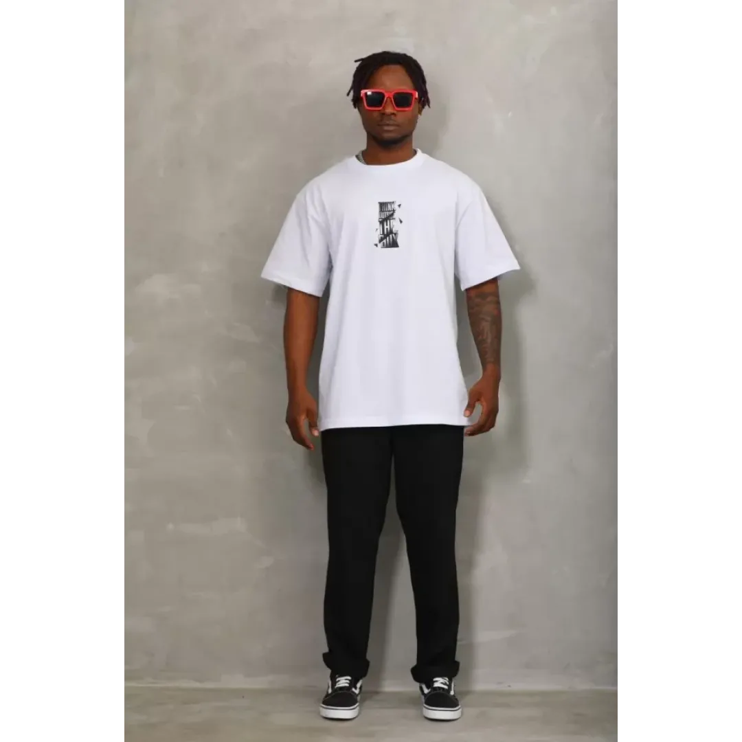 Unisex Oversize Baskılı Bisiklet Yaka T-Shirt - Beyaz - 93299