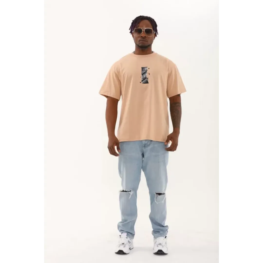 Unisex Oversize Baskılı Bisiklet Yaka T-Shirt - Bej - 93302 Unisex Oversize Baskılı Bisiklet Yaka T-Shirt - Bej - 93302