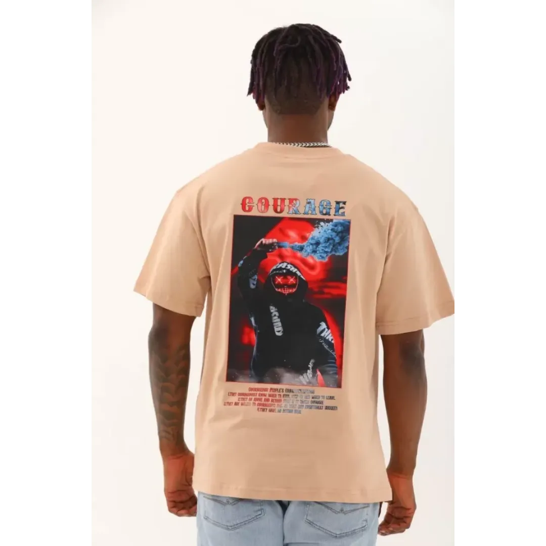 Unisex Oversize Baskılı Bisiklet Yaka T-Shirt - Bej - 93302 Unisex Oversize Baskılı Bisiklet Yaka T-Shirt - Bej - 93302