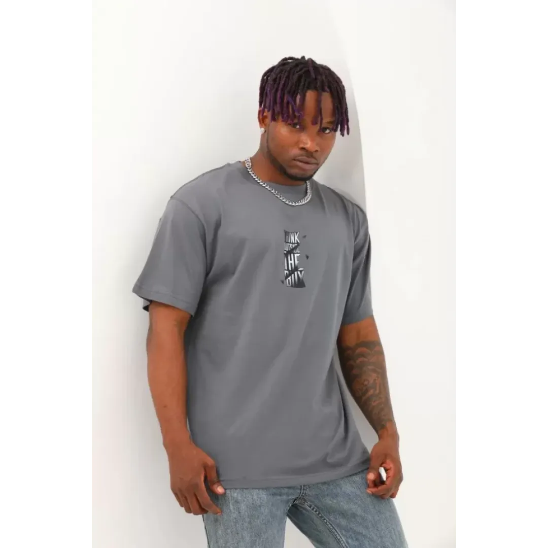 Unisex Oversize Baskılı Bisiklet Yaka T-Shirt - Füme - 93303 Unisex Oversize Baskılı Bisiklet Yaka T-Shirt - Füme - 93303