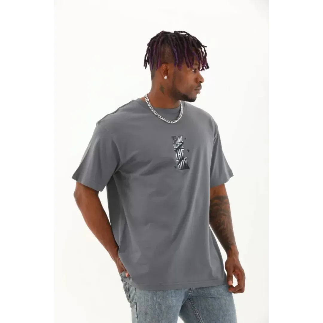 Unisex Oversize Baskılı Bisiklet Yaka T-Shirt - Füme - 93303 Unisex Oversize Baskılı Bisiklet Yaka T-Shirt - Füme - 93303