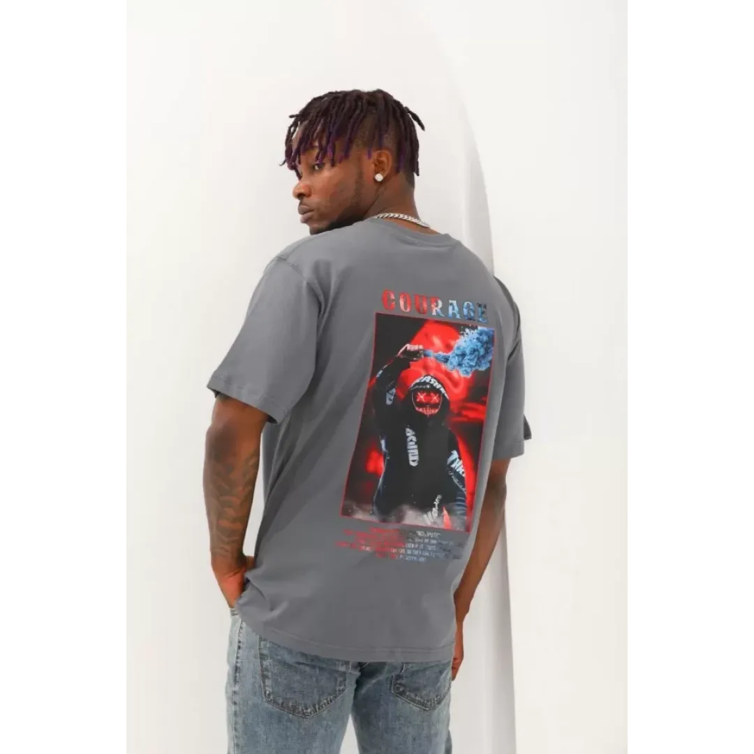 Unisex Oversize Baskılı Bisiklet Yaka T-Shirt - Füme - 93303 Unisex Oversize Baskılı Bisiklet Yaka T-Shirt - Füme - 93303