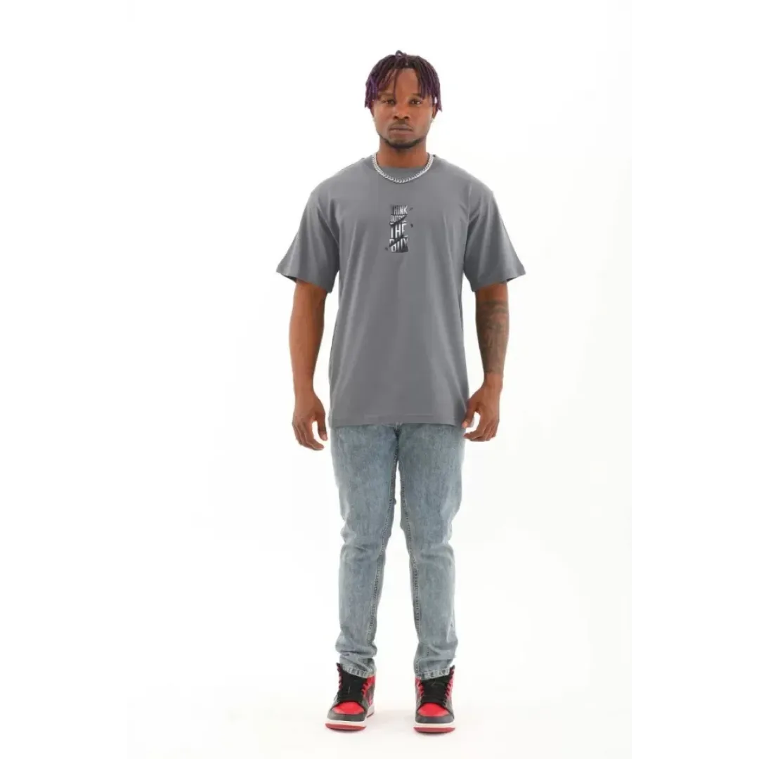 Unisex Oversize Baskılı Bisiklet Yaka T-Shirt - Füme - 93303 Unisex Oversize Baskılı Bisiklet Yaka T-Shirt - Füme - 93303