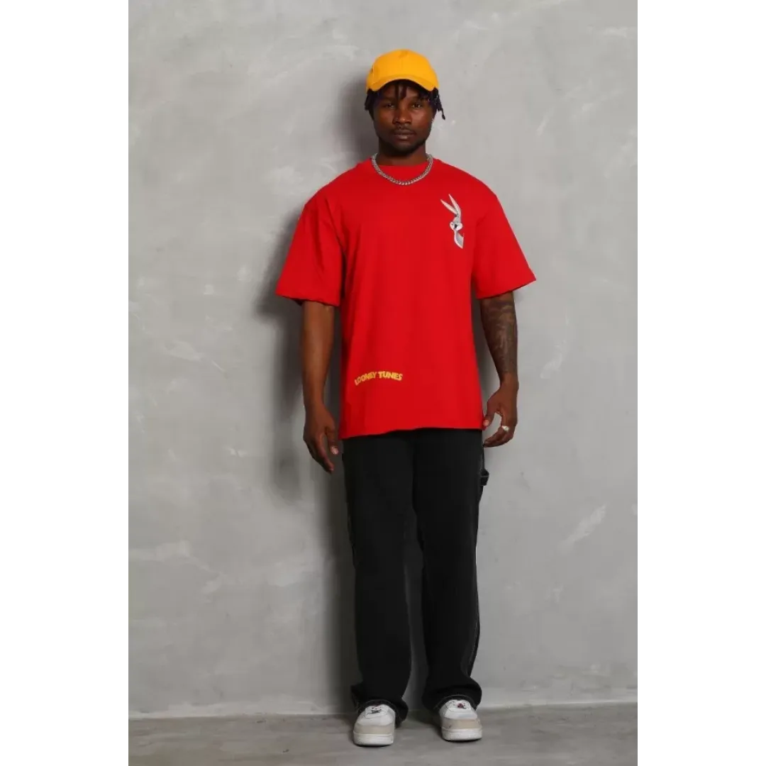 Unisex Oversize Baskılı Bisiklet Yaka T-Shirt - Kırmızı - 93304 Unisex Oversize Baskılı Bisiklet Yaka T-Shirt - Kırmızı - 93304