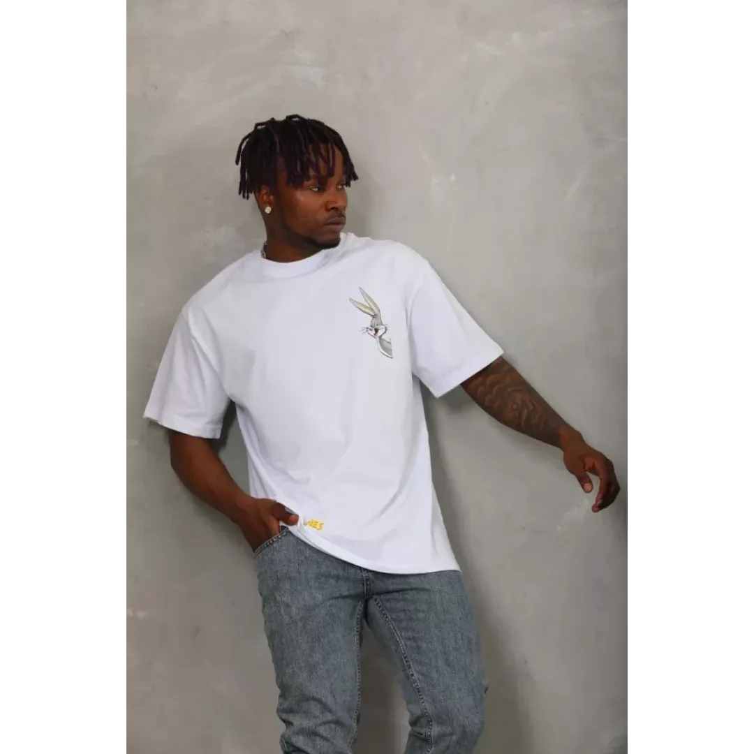 Unisex Oversize Baskılı Bisiklet Yaka T-Shirt - Beyaz - 93305