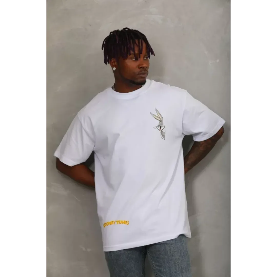 Unisex Oversize Baskılı Bisiklet Yaka T-Shirt - Beyaz - 93305