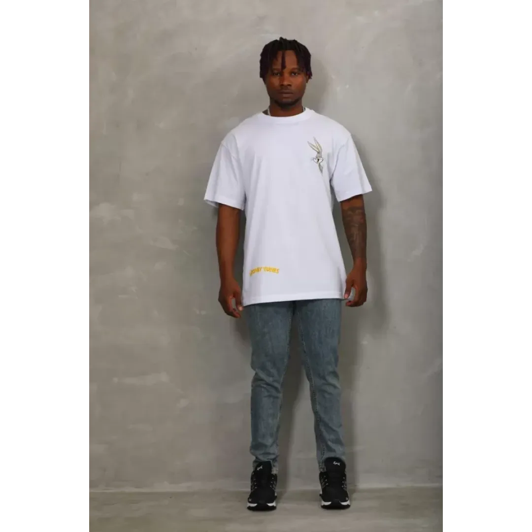 Unisex Oversize Baskılı Bisiklet Yaka T-Shirt - Beyaz - 93305