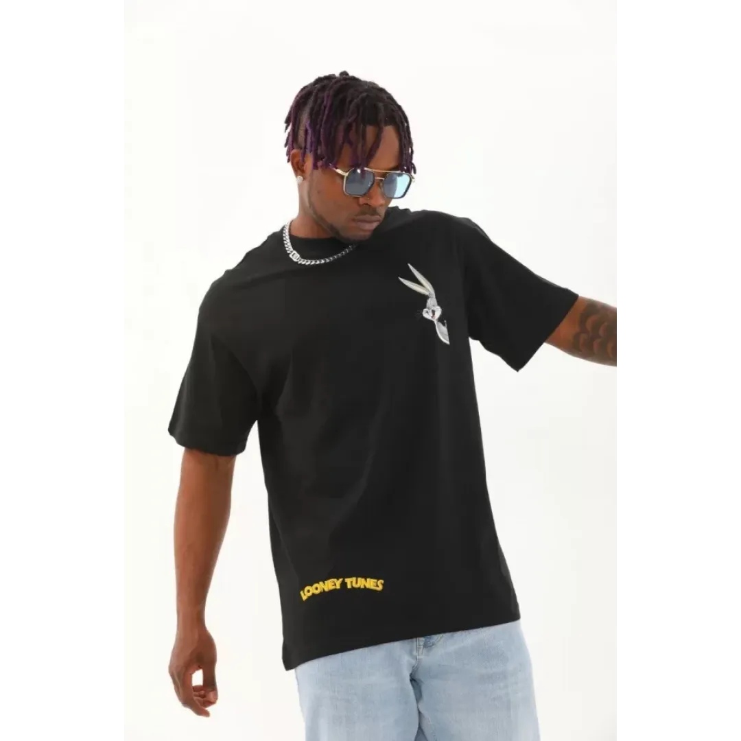 Unisex Oversize Baskılı Bisiklet Yaka T-Shirt - Siyah - 93307 Unisex Oversize Baskılı Bisiklet Yaka T-Shirt - Siyah - 93307