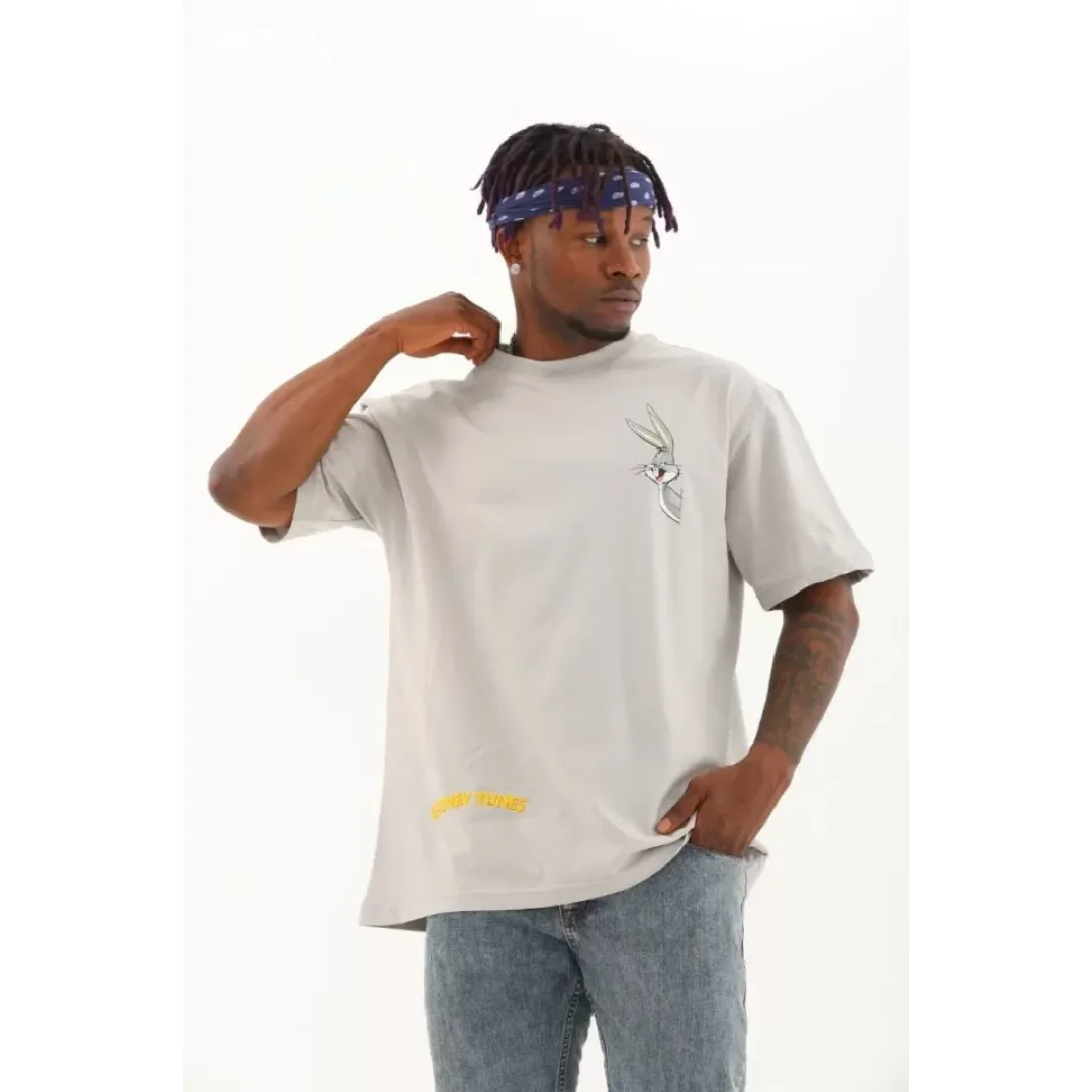 Unisex Oversize Baskılı Bisiklet Yaka T-Shirt - Gri - 93308 Unisex Oversize Baskılı Bisiklet Yaka T-Shirt - Gri - 93308