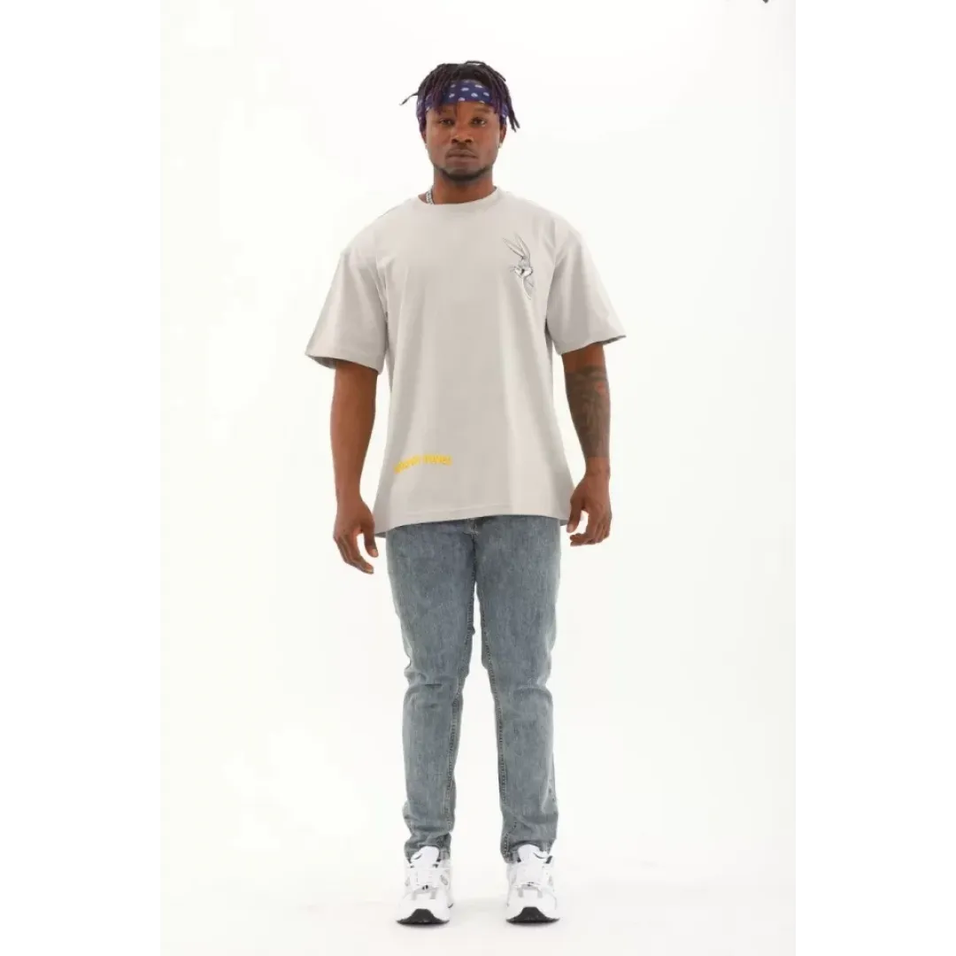 Unisex Oversize Baskılı Bisiklet Yaka T-Shirt - Gri - 93308 Unisex Oversize Baskılı Bisiklet Yaka T-Shirt - Gri - 93308