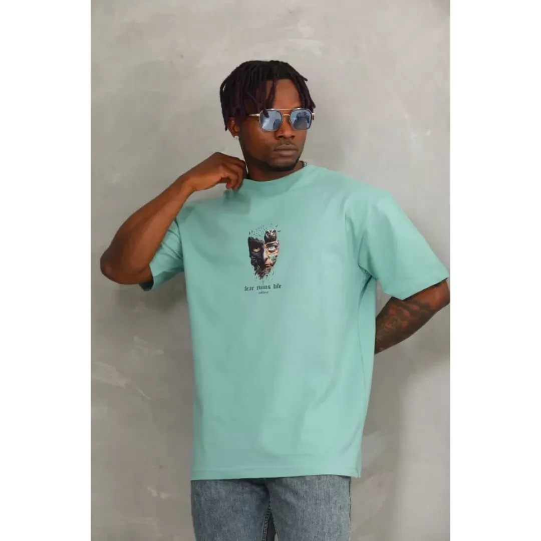 Unisex Oversize Baskılı Bisiklet Yaka T-Shirt - Mint Yeşili - 93309 Unisex Oversize Baskılı Bisiklet Yaka T-Shirt - Mint Yeşili - 93309