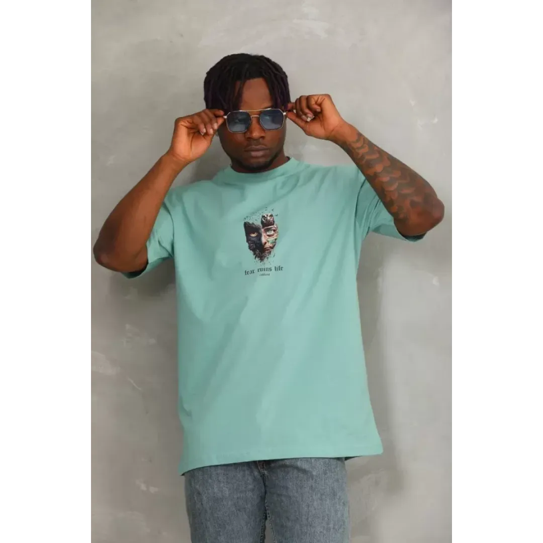 Unisex Oversize Baskılı Bisiklet Yaka T-Shirt - Mint Yeşili - 93309 Unisex Oversize Baskılı Bisiklet Yaka T-Shirt - Mint Yeşili - 93309