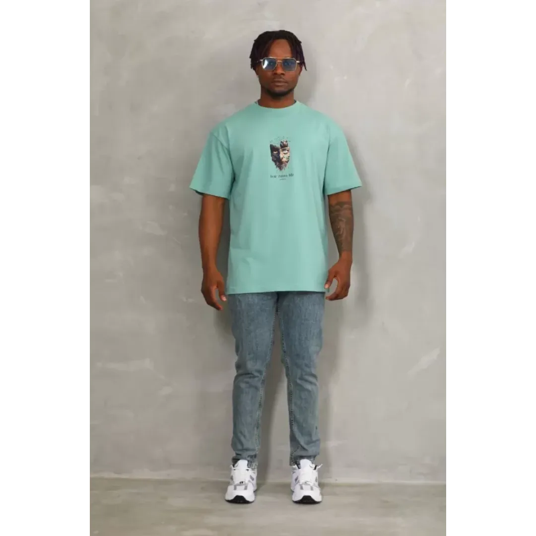 Unisex Oversize Baskılı Bisiklet Yaka T-Shirt - Mint Yeşili - 93309 Unisex Oversize Baskılı Bisiklet Yaka T-Shirt - Mint Yeşili - 93309