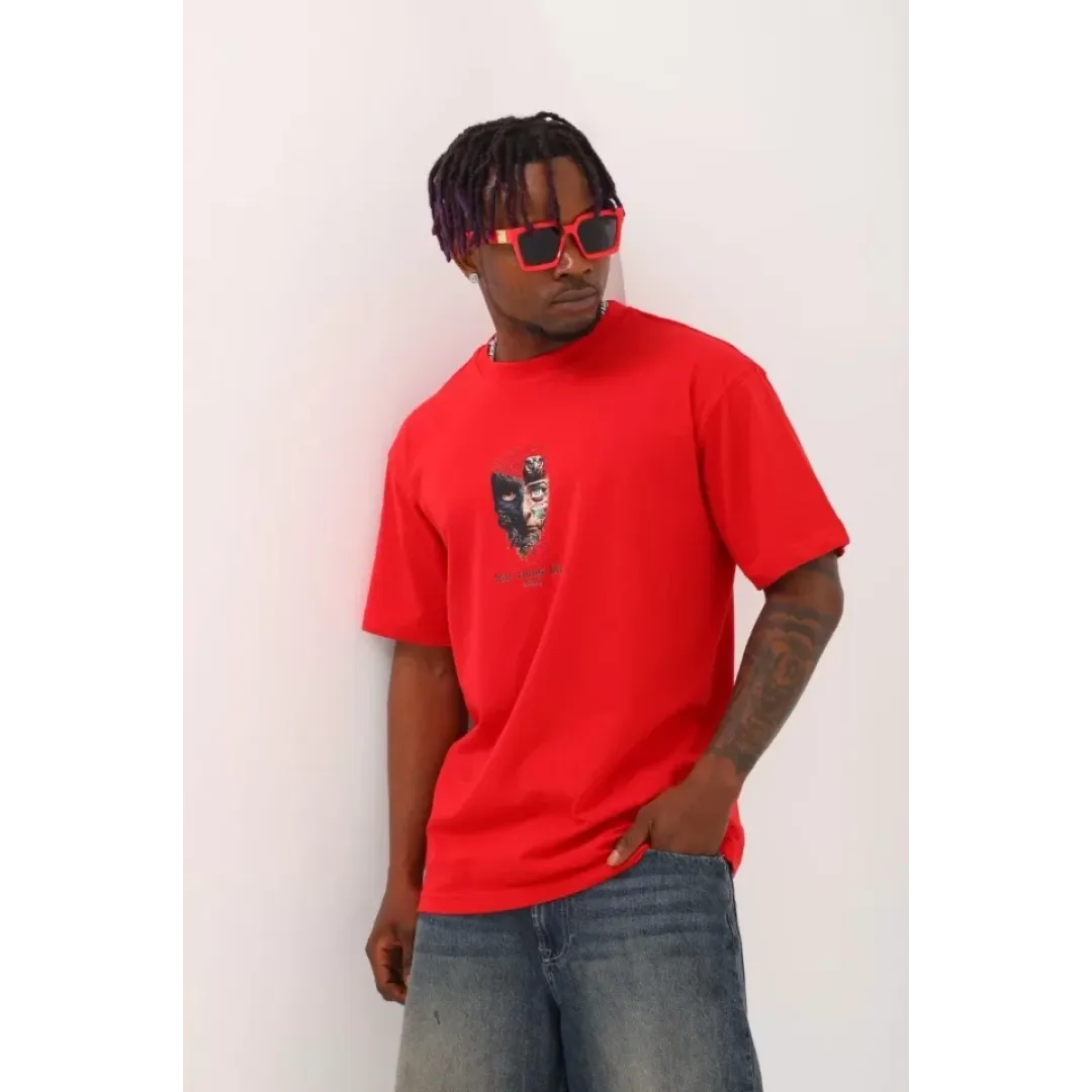 Unisex Oversize Baskılı Bisiklet Yaka T-Shirt - Kırmızı - 93310 Unisex Oversize Baskılı Bisiklet Yaka T-Shirt - Kırmızı - 93310