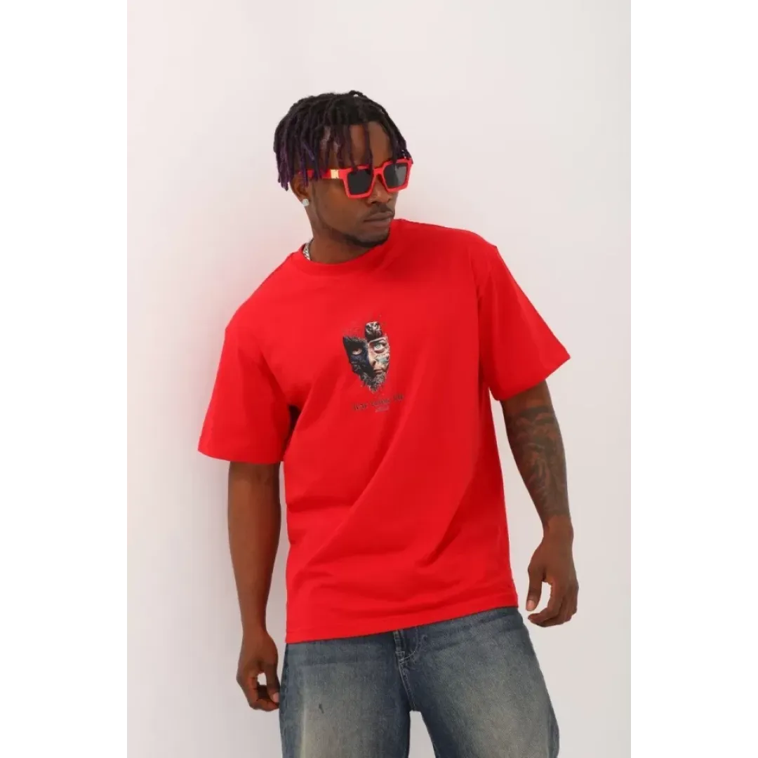 Unisex Oversize Baskılı Bisiklet Yaka T-Shirt - Kırmızı - 93310 Unisex Oversize Baskılı Bisiklet Yaka T-Shirt - Kırmızı - 93310