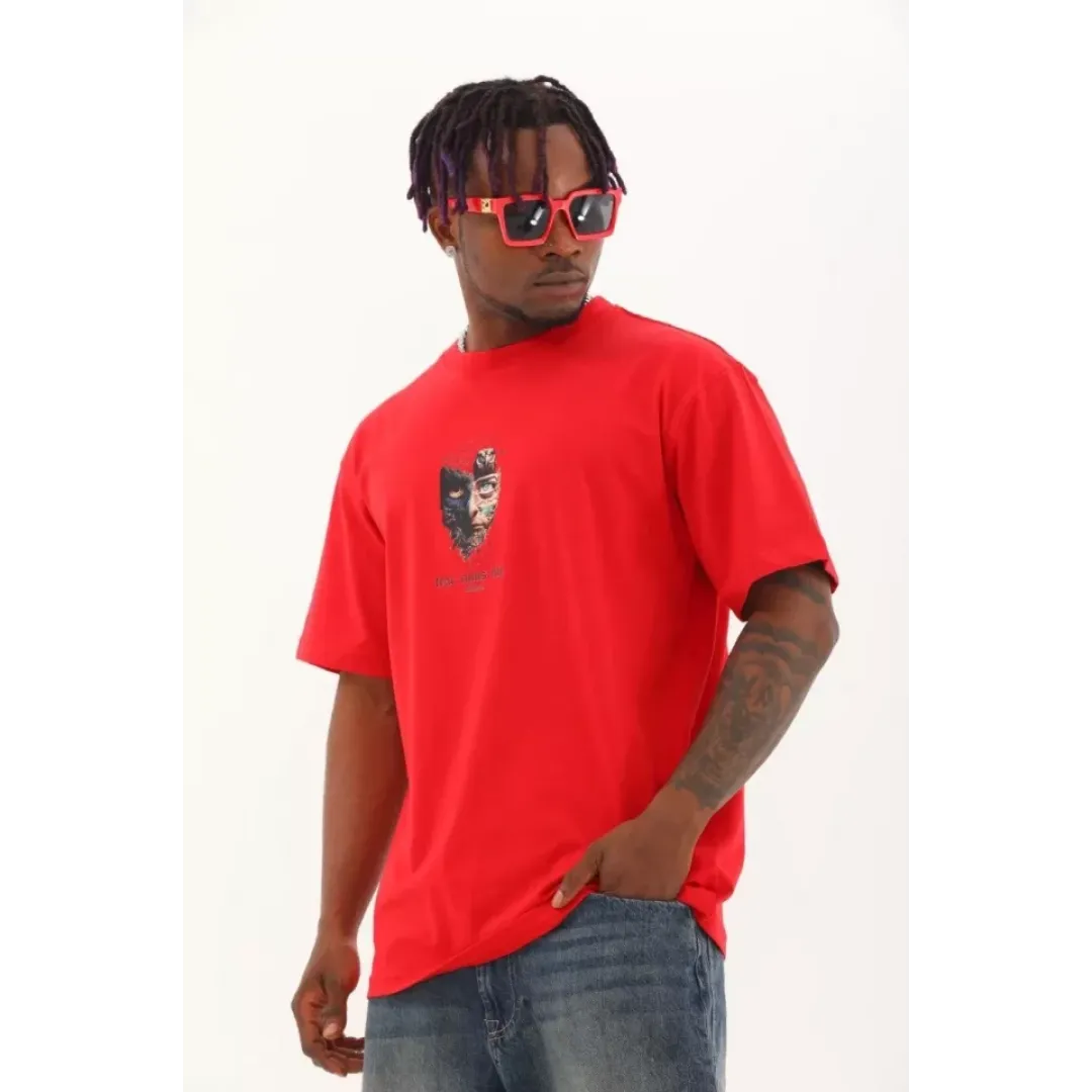 Unisex Oversize Baskılı Bisiklet Yaka T-Shirt - Kırmızı - 93310 Unisex Oversize Baskılı Bisiklet Yaka T-Shirt - Kırmızı - 93310