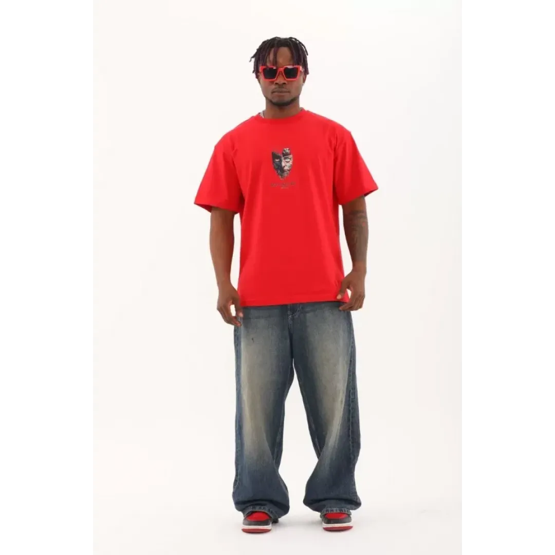 Unisex Oversize Baskılı Bisiklet Yaka T-Shirt - Kırmızı - 93310 Unisex Oversize Baskılı Bisiklet Yaka T-Shirt - Kırmızı - 93310