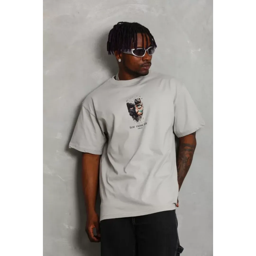 Unisex Oversize Baskılı Bisiklet Yaka T-Shirt - Gri - 93311 Unisex Oversize Baskılı Bisiklet Yaka T-Shirt - Gri - 93311
