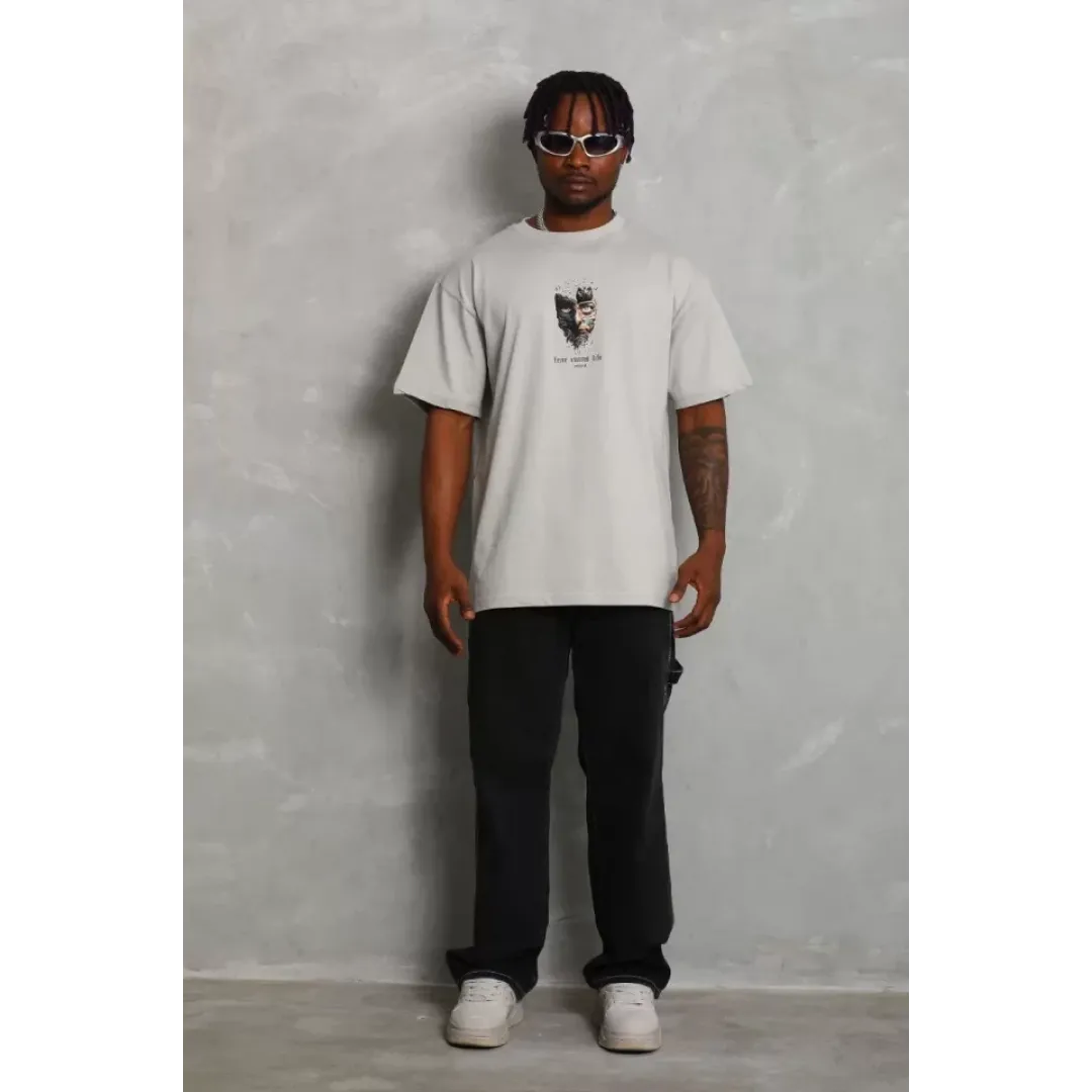 Unisex Oversize Baskılı Bisiklet Yaka T-Shirt - Gri - 93311 Unisex Oversize Baskılı Bisiklet Yaka T-Shirt - Gri - 93311