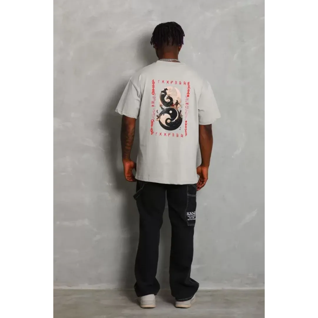 Unisex Oversize Baskılı Bisiklet Yaka T-Shirt - Gri - 93311 Unisex Oversize Baskılı Bisiklet Yaka T-Shirt - Gri - 93311